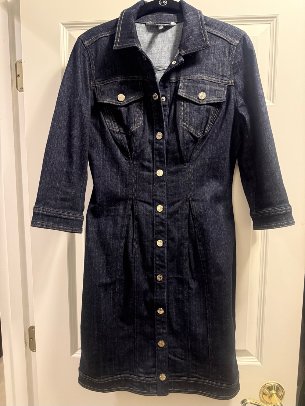 Dark Indigo Denim Shirt Dress - Classic Silver Button-Front